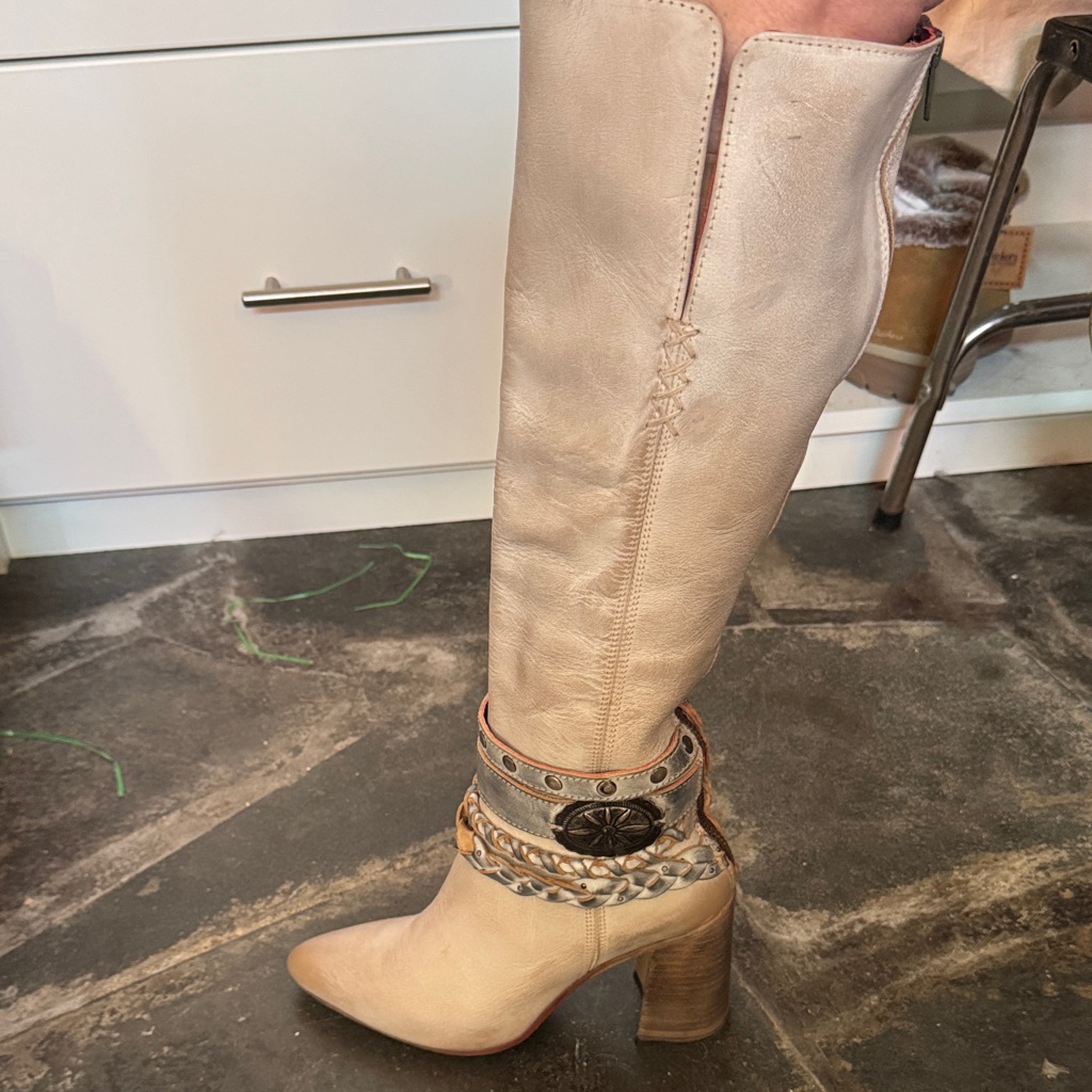 Freebird Beige Heeled Boots With Decorative Straps